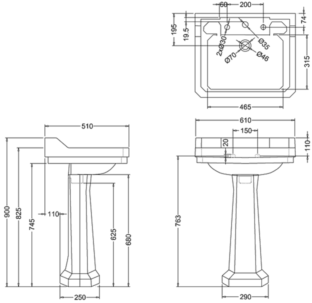 Умывальник Burlington Edwardian 61x51 с пьедесталом белый
