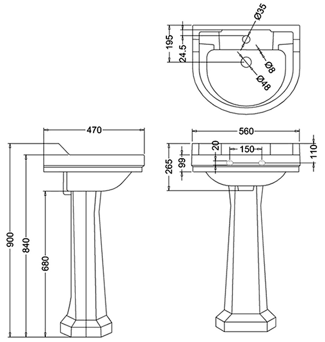 Раковина Burlington Edwardian B6, 56x47, с пьедесталом P1, 1 отверстие для смесителя
