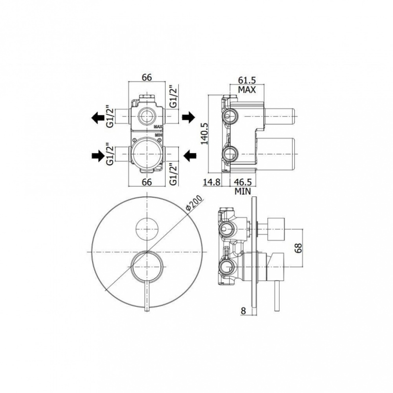 Смеситель скрытой установки для душа c двумя выпусками, с отклоняющим патроном Paffoni LIGHT, хром