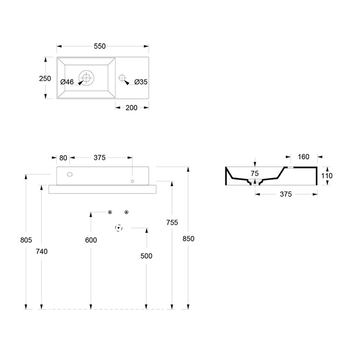 Alice Spy Раковина 55x25х11см., накладная/подвесная, 1 отв., белый глянцевый