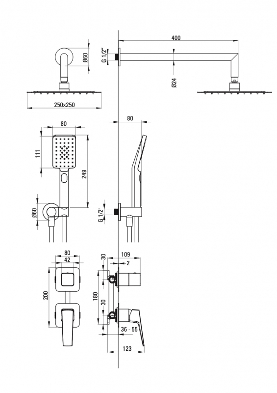 Душевая система скрытого монтажа Deante Blur с изливом