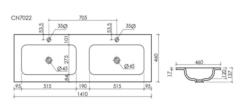 Умывальник 1410х457х137мм Grace CeramicaNova накладной 
