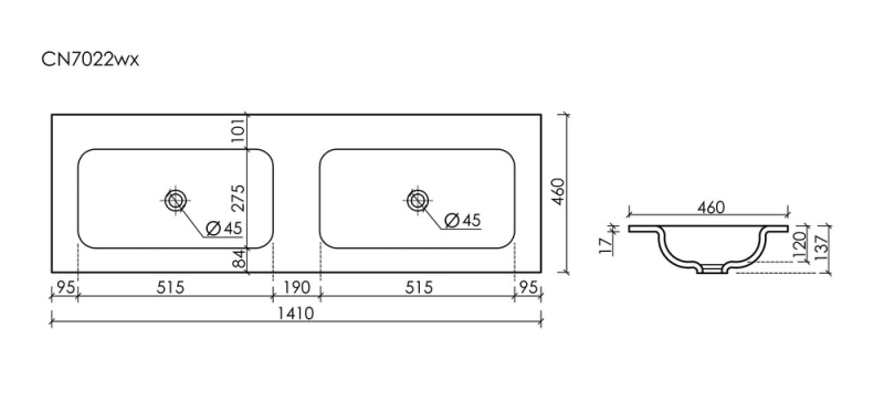 Умывальник 1410х457х137мм Grace CeramicaNova без отверстий для смесителя