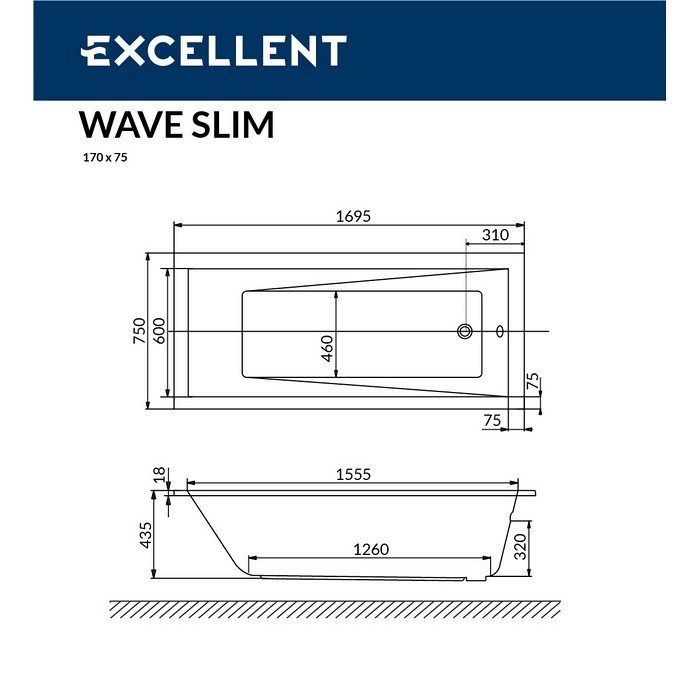 Акриловая ванна Excellent Wave Slim 170х75 (тонкий борт) с ножками