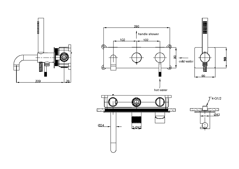 Смеситель Boheme Uno Black для ванны скрытого монтажа