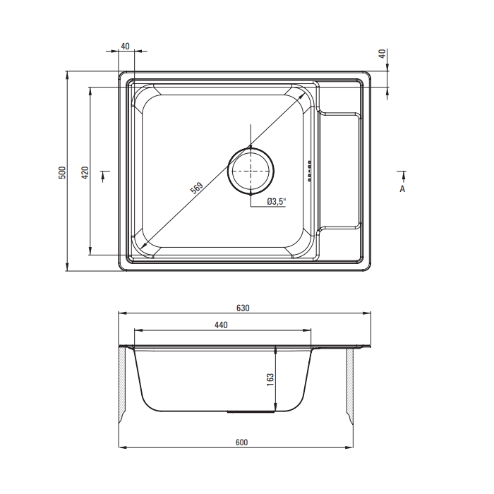 Deante Soul декор – мойка стальная 1 чаша с крылом, 630*500*165 мм + сифон