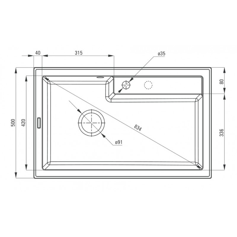 DEANTE ERIDAN шампань - мойка 1 чаша, 800*500*200 мм + сифон SPACE SAVER