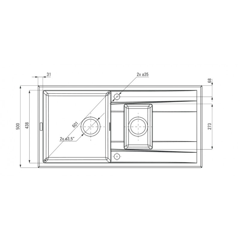 DEANTE 0ERIDAN графитовый металик - мойка 1,5 чаши с крылом, 1000*500*200 мм + сифон SPACE SAVER