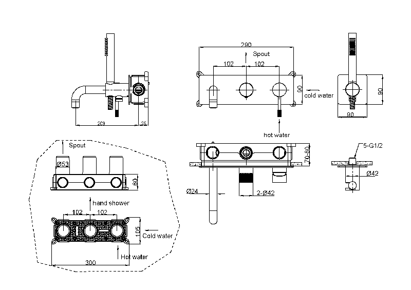 Смеситель для ванны BOHEME UNO скрытый монтаж нержавеющая сталь