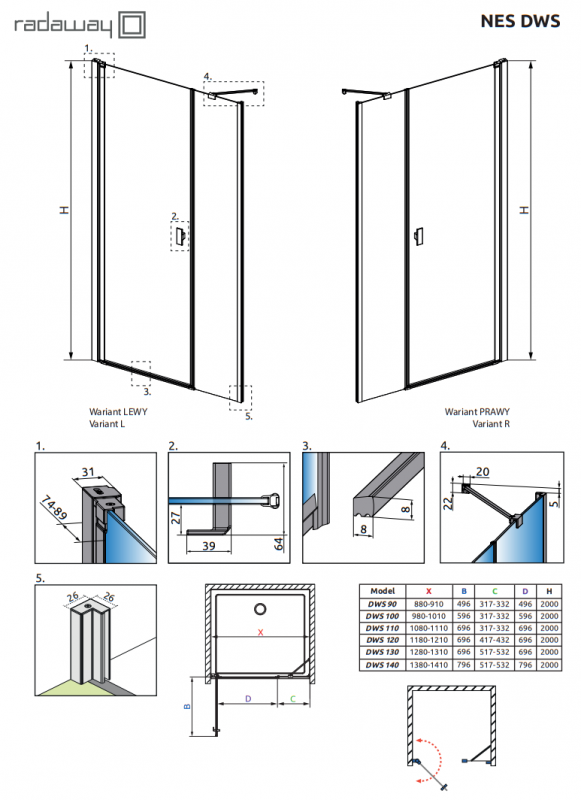 Душевая дверь Radaway NES BRUSHED GOLD DWS дверь маятниковая