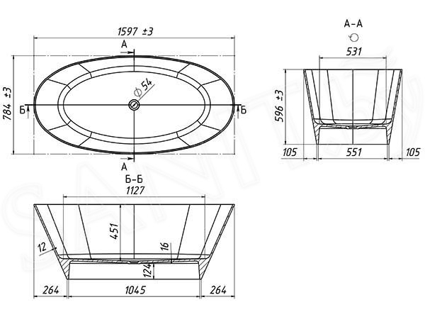 Ванна BELUX Дубай 1600 Белый матовый, Solid Surface