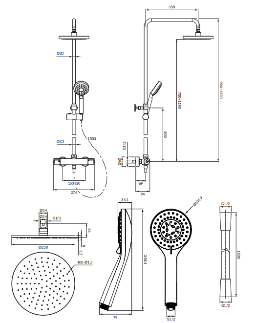 Термостатическая душевая система Omnires Y наружного монтажа, цвет черный
