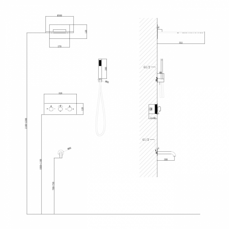 Душевая система ABBER Wasser Kreis скрытого монтажа с изливом, термостат, черная матовая