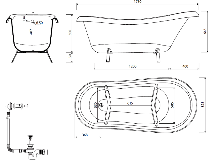 Ванна из литого мрамора Белюкс Ладья 171x78, сифон и ноги 