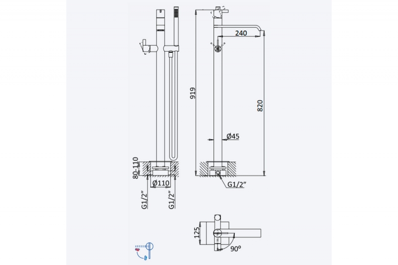 Bruma Смеситель для ванны напольный Breeze оружейная сталь