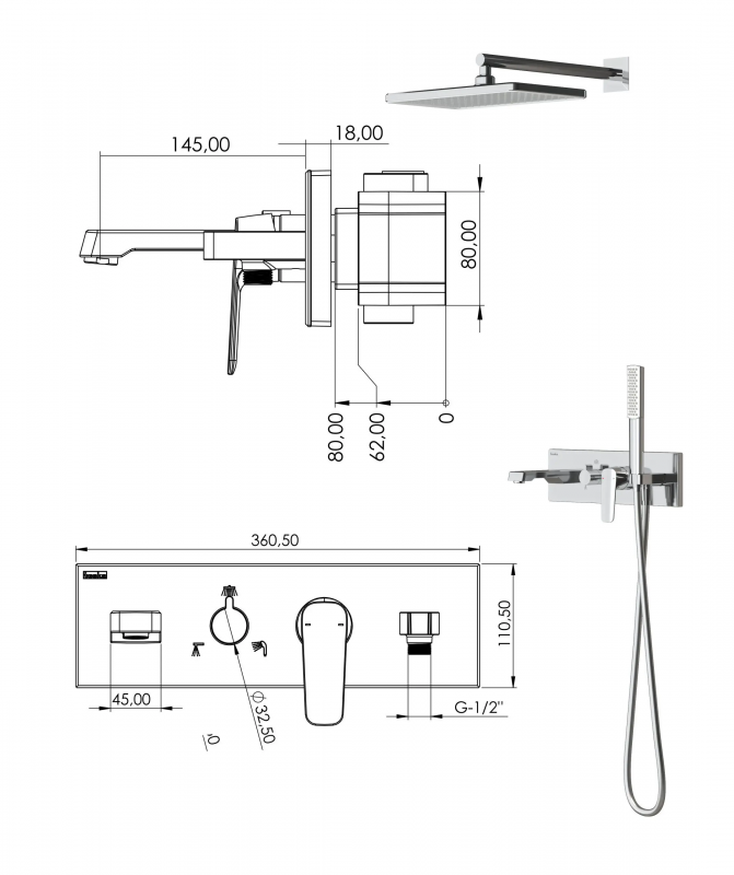 Teska Enjoy Душевая система скрытого монтажа 3-х функциональная, хром