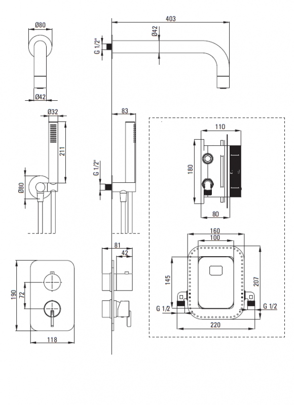 Душевая система Deante Silia скрытого монтажа, со смешивающим BOXом, цвет графит 