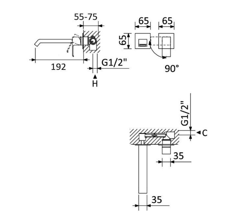 Смеситель для умывальника на 2 отверстия настенный Linea Gunmetal