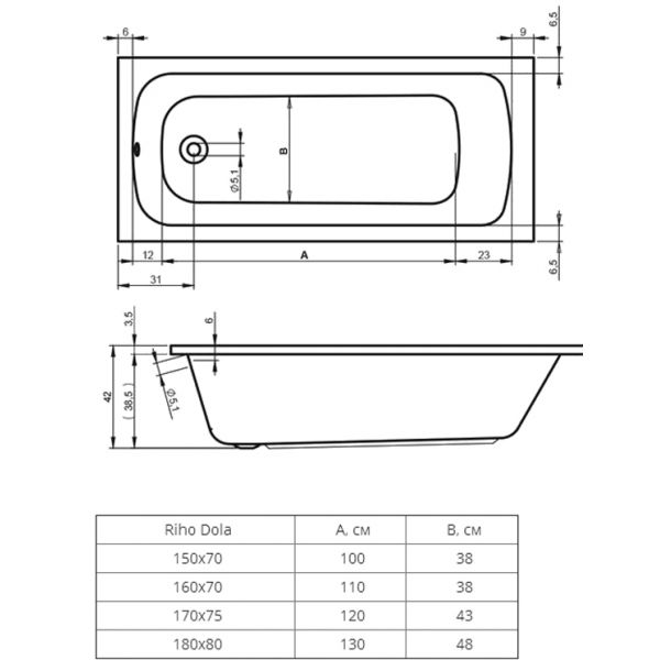Ванна прямоугольная Riho Dola (Dona) с ножками