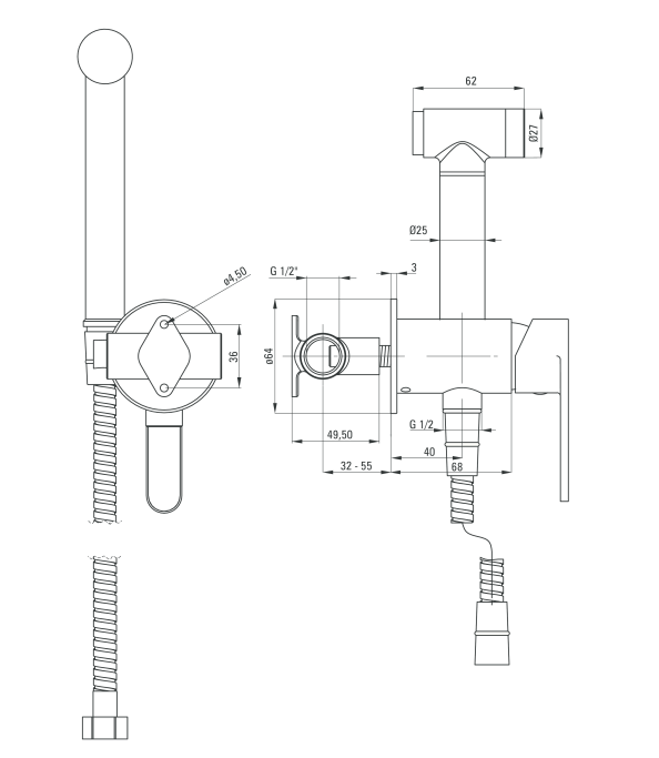 Deante Alpinia Nero Смеситель скрытого монтажа с гигиеническим душем, черный матовый
