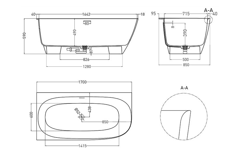 Ванна каменная 170*85 Salini Sofia Corner L, S-Sense (глянцевый), интегрированный перелив