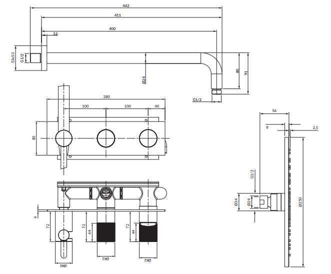 Душевая система скрытого монтажа Omnires Contour брашированное золото