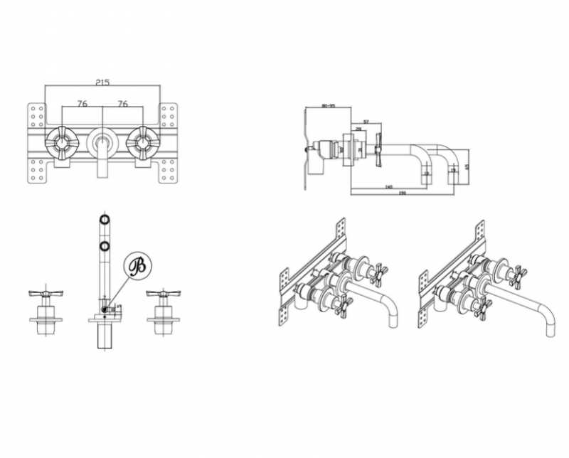 Burlington Riviera СМЕСИТЕЛЬ ДЛЯ РАКОВИНЫ НАСТЕННЫЙ НА 3 ОТВЕРСТИЯ хром