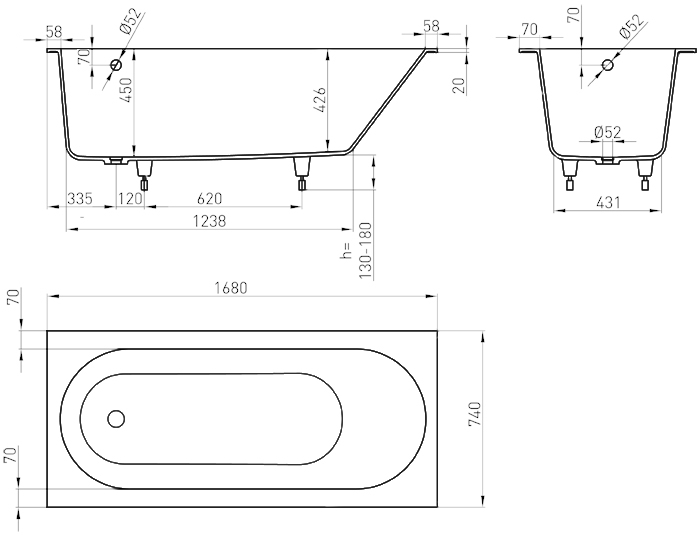 Ванна каменная Holbi Orion, из каменной массы Solid Surface, встраиваемая