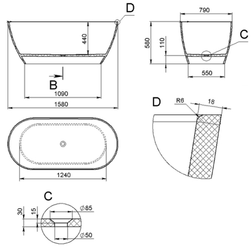Ванна каменная Holbi Venus Solid Surface 158*79 см из каменной массы Solid Surface