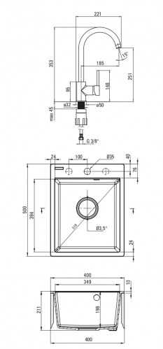 Deante Corio графит – мойка 1 чаша, 400*500*211 мм с сифоном и смесителем