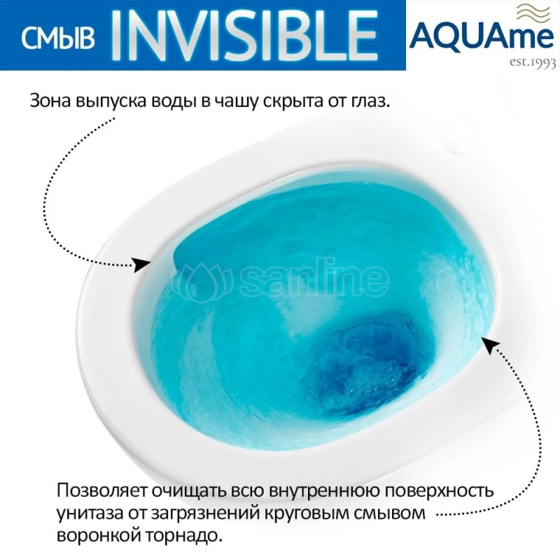 Унитаз подвесной AQUAme, 50x37, смыв Invisible, с сиденьем, смыв торнадо