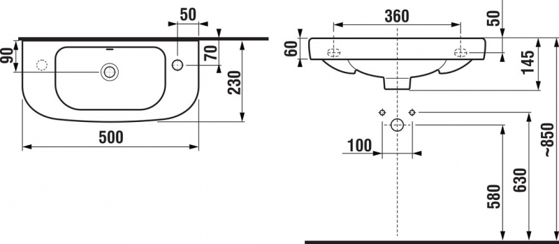 Умывальник мини Jika Olymp Deep 50*23 (отверстие под смеситель слева)