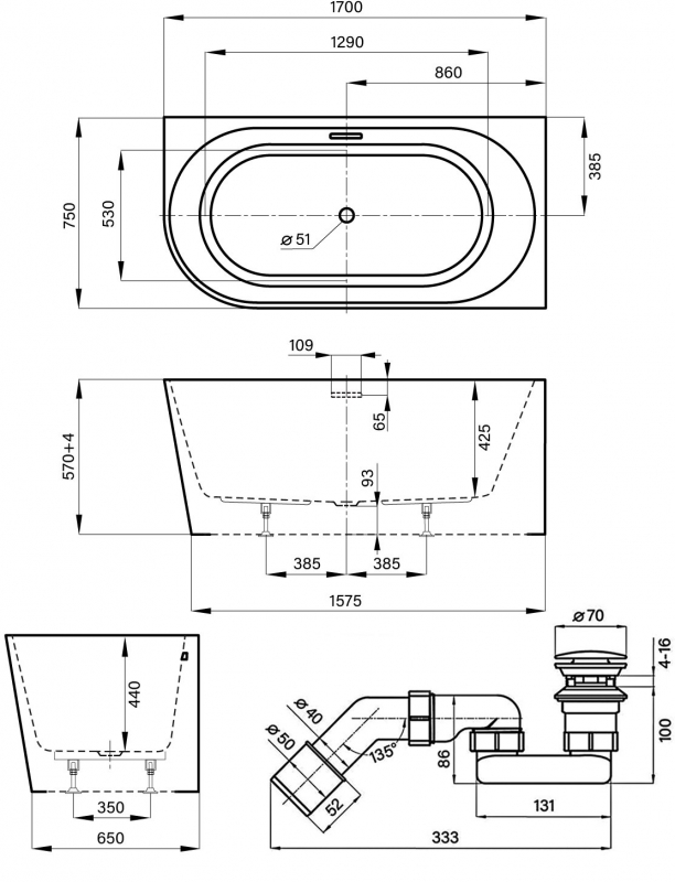Ванна акриловая Wellsee Excellence Pro 170x75 (слив-перелив белый глянец) белый глянец (правая)