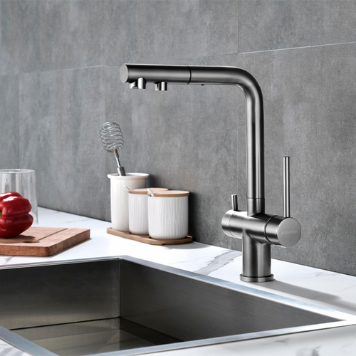 Смеситель для кухни Paulmark SERPENTINE  вороненая сталь с подключением для фильтра