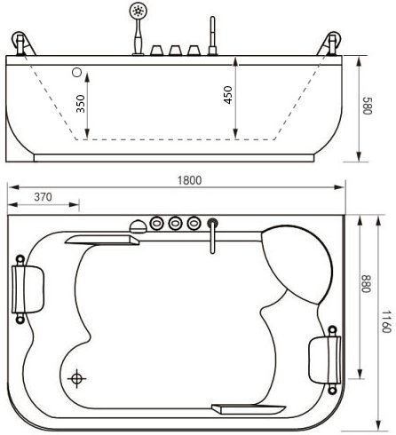 Ванна гидромассажная Gemy с гидромассажем 180x116