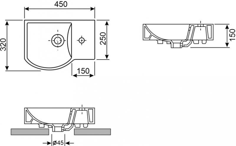 Умывальник накладной / настенный Wellsee WC Area 45x32 белый глянцевый (отверстие под смеситель справа)