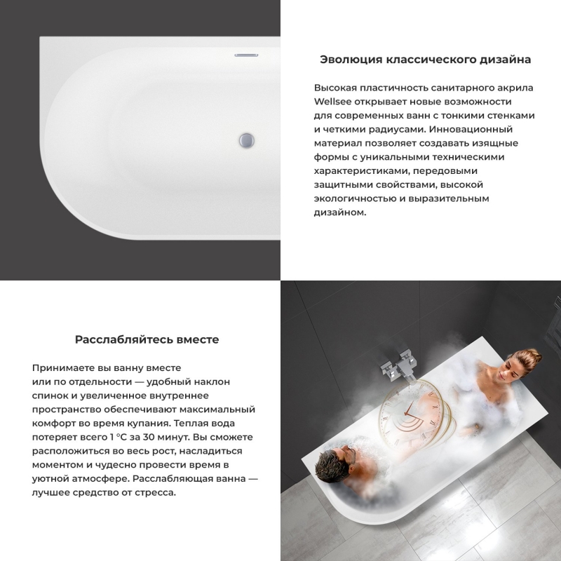 Ванна акриловая Wellsee Excellence Pro 170x75 (слив-перелив белый глянец) белый глянец (правая)