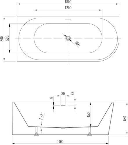 Ванна акриловая Abber 180x80 пристенная, левая
