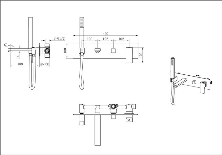 Смеситель скрытого монтажа для ванны Boheme Qubic 