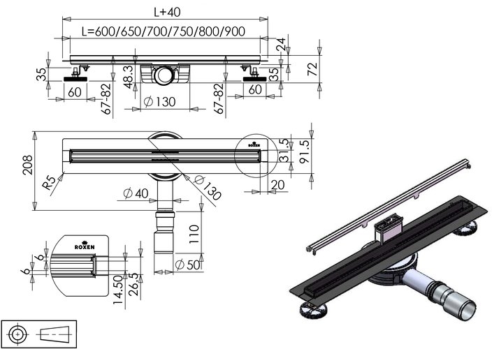 Душевой лоток Roxen Chrome Slim, сатин