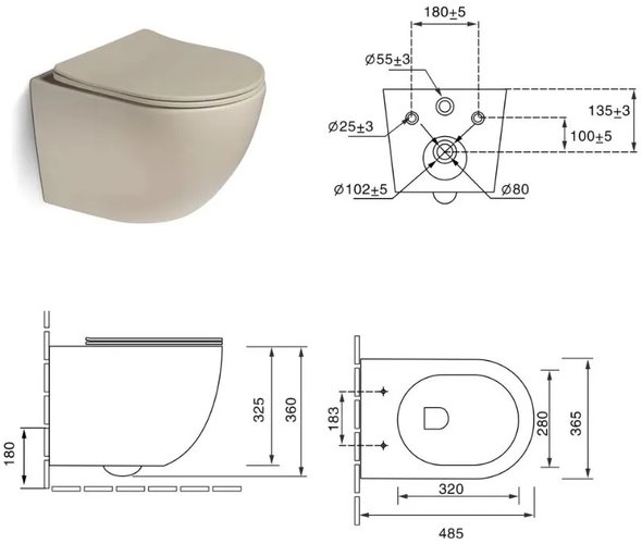 Унитаз подвесной Santiline  36,5x48,5 сиденье Duroplast, микролифт, персиковый матовый