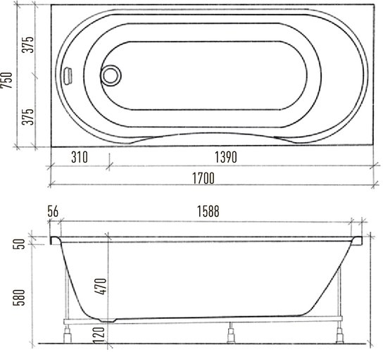 Eurolux Oliva Ванна акриловая 170х75 см с усиленным каркасом
