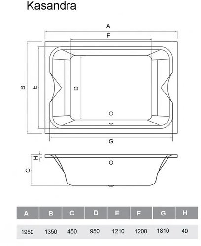 Ванна акриловая Vayer Kasandra 195x135 белая с каркасом