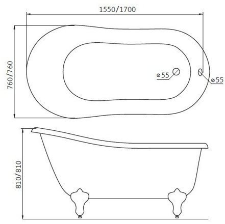 Ванна акриловая Belbagno BB06-1550 155x76 (сифон и ноги комплектуются дополнительно)