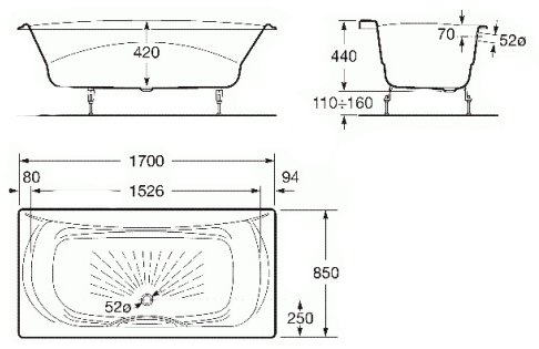 Ванна чугунная Roca Akira 170x85 с ножками и с ручкой