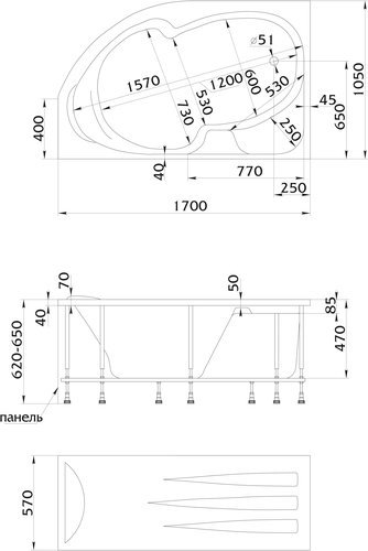 Ванна акриловая 1 Marka Diana 170х105 с каркасом