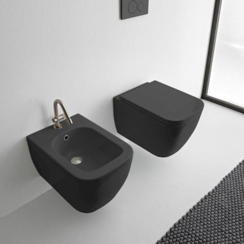 Унитаз подвесной Scarabeo Teorema 2.0 36x52 безободковый, черный матовый, с сидением и комплектом крепления