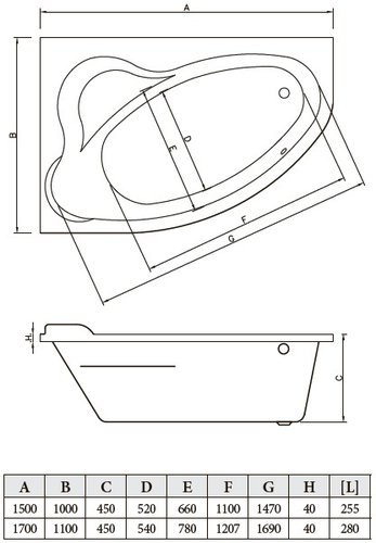 Ванна акриловая Bonito Home (Banoperito) ROSA с ножками левая