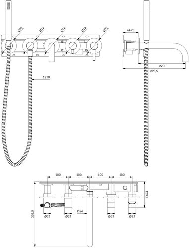 Смеситель скрытого монтажа для ванны Omnires 5-hole графит