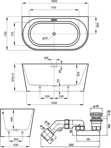 Ванна акриловая Wellsee Excellence Pro 150x73 (слив-перелив белый глянец) белый глянец